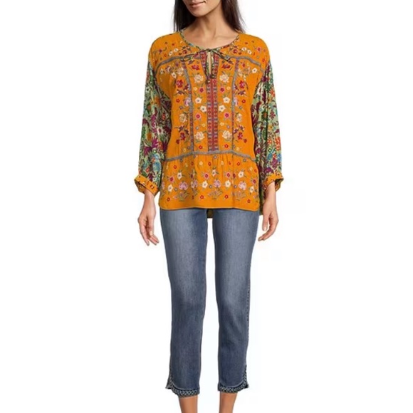 John Mark BOHO Woven Floral Embroidered Split Neck Tie Front 3/4 Sleeve Top M - Picture 4 of 7